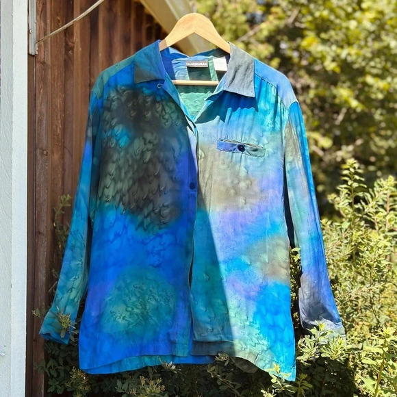 100% Washable Silk Blue/green Blouse - Diane Gilman -  S - Picture 1 of 4
